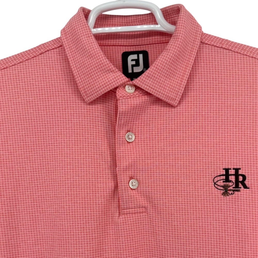 FootJoy Mens XL Polo Shirt Coral Pink Micro Grid HR Fly Fishing Logo Golf FJ
